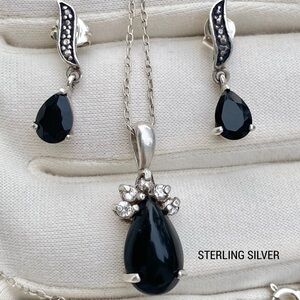 Black Onyx Sterling Silver Post Earrings & Necklace Pendant Set - Vintage